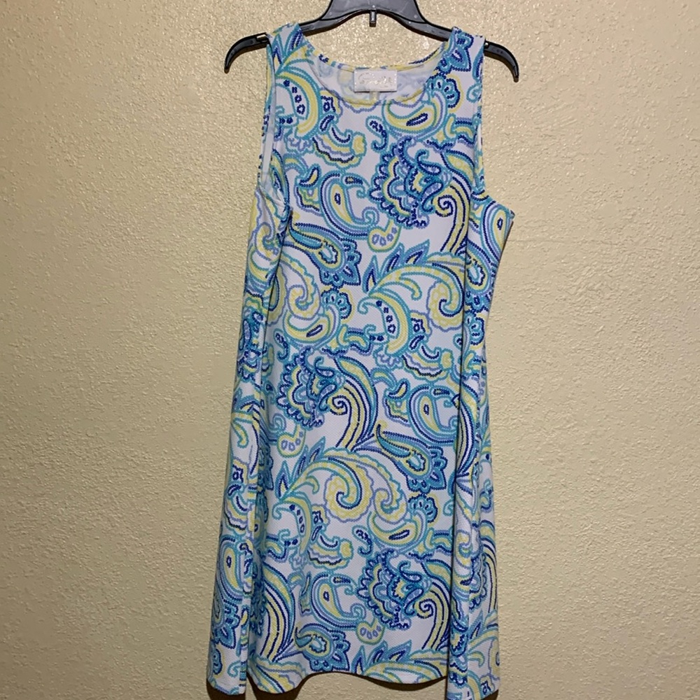 Papagallo Dress XL Blue White Yellow Paisley Floral Sleeveless Stretchy Pullover